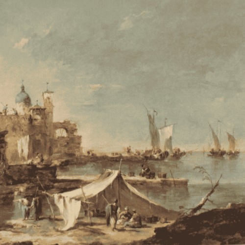 FRANCESCO GUARDI (1712-1798) CAPRICCIO CON TENDE E PESCATORI (CAT.N.80)